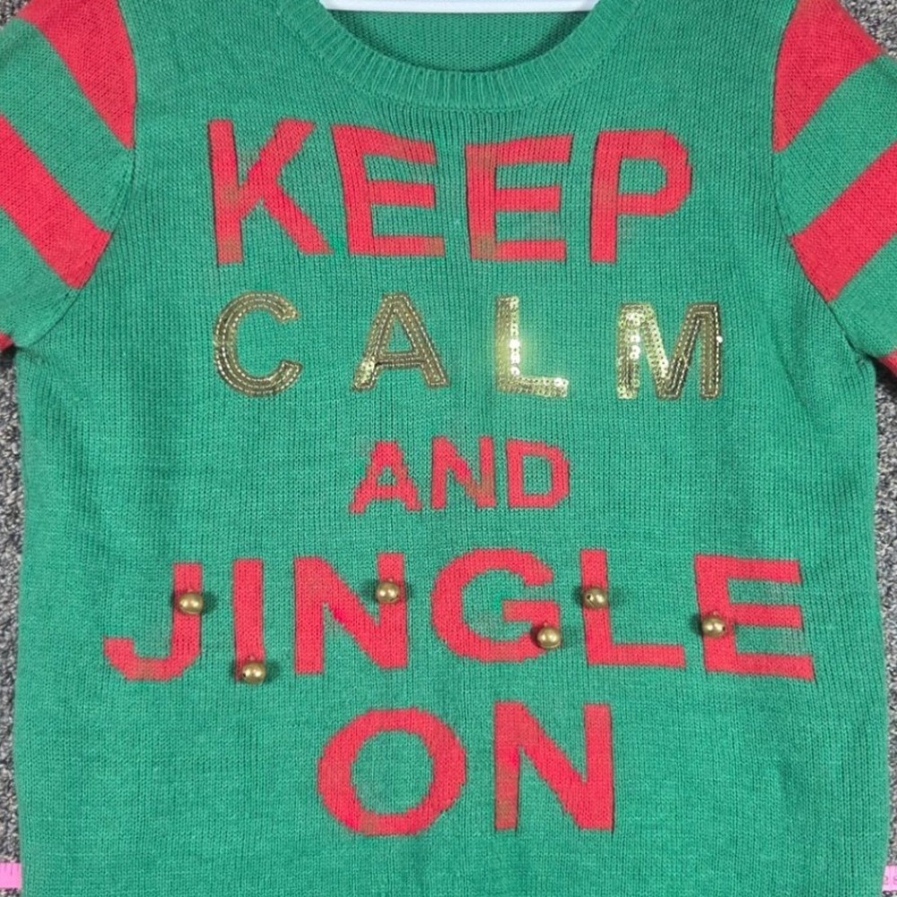 Belle Du Jour Sweater Women XL Green Keep Calm and Jingle On Christmas Holiday